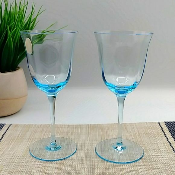 2 Pale Blue Wine Glasses, Leaded and Hand Blown - Picture 1 of 5